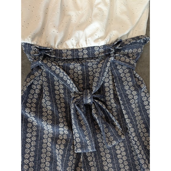 Knit Works - Girls White Eyelet Top Blue Striped Jumpsuit Tie Waist - Size 14 - Picture 3 of 6